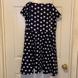 Navy blue polka dot off the shoulder dress